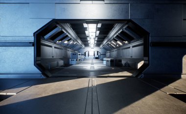 Metalik detaylarla dolu bir bilim kurgu koridorunun 3D çizimi 