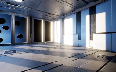 Metalik detaylarla dolu bir bilim kurgu koridorunun 3D çizimi 