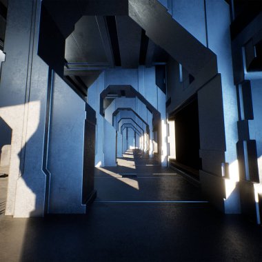 Metalik detaylarla dolu bir bilim kurgu koridorunun 3D çizimi 