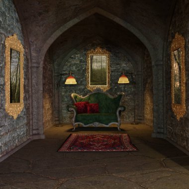 Bir şatonun iç odasının yeşil kadife bir kanepesi ve duvarında altın bir çerçevesi olan 3D çizimi.