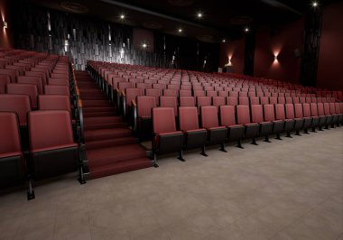 3 boyutlu görüntü kırmızı koltuklu bir tiyatronun içinden alındı 