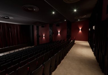 3 boyutlu görüntü kırmızı koltuklu bir tiyatronun içinden alındı 