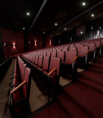 3 boyutlu görüntü kırmızı koltuklu bir tiyatronun içinden alındı 