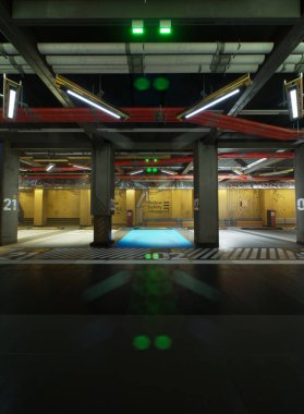 Modern bir otopark binasının içinden üç boyutlu arkaplan görüntüsü oluşturuldu 