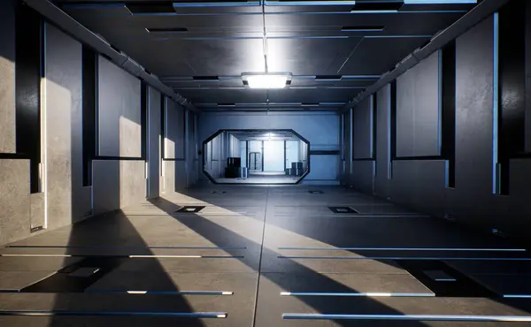 Metalik detaylarla dolu bir bilim kurgu koridorunun 3D çizimi 