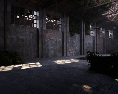 Terk edilmiş bir sanayi bölgesinin 3 boyutlu iç tasarımı