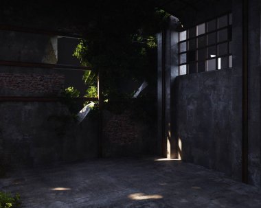 Terk edilmiş bir sanayi bölgesinin 3 boyutlu iç tasarımı