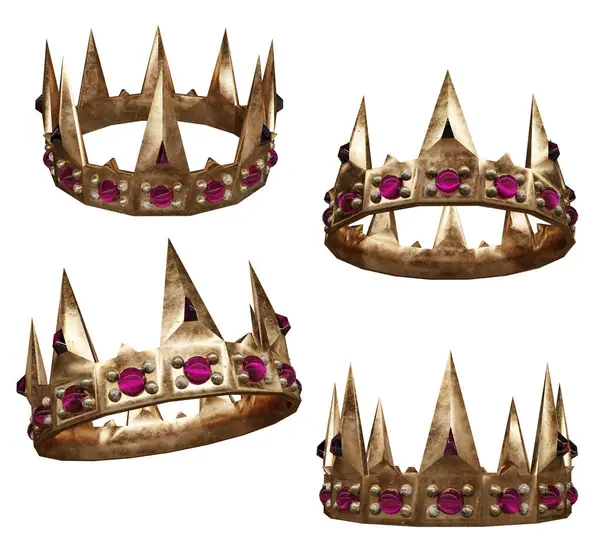 Ortaçağ kraliyet tacının beyaz bir arka planda izole edilmiş farklı açılardan üç boyutlu bir tasviri.