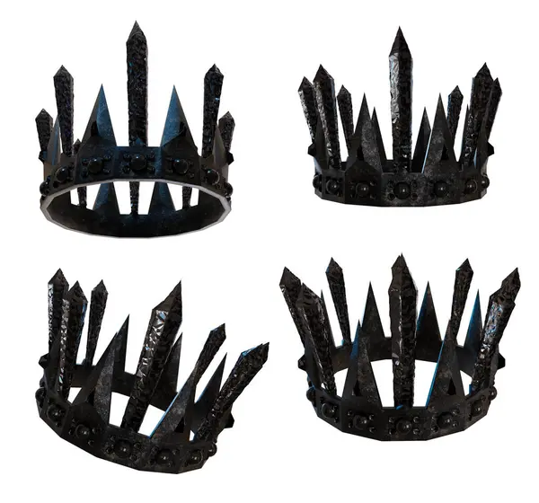 Üç boyutlu, beyaz arka planda izole edilmiş siyah kristalli bir fantezi tacının çizimi. 