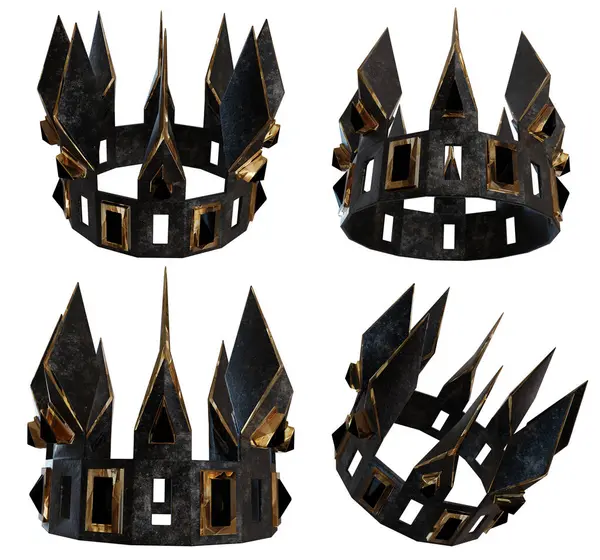Üç boyutlu bir fantezi bilim kurgu tacının beyaz arka planda izole edilmiş farklı açılardan çizimi. 