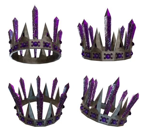 Beyaz arka planda farklı açılardan izole edilmiş mor kristalli bir fantezi tacının üç boyutlu çizimi 