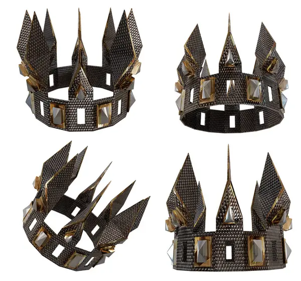 Üç boyutlu bir fantezi bilim kurgu tacının beyaz arka planda izole edilmiş farklı açılardan çizimi. 