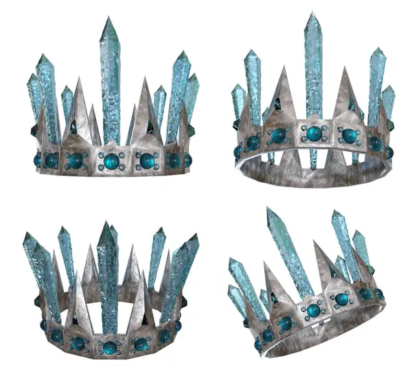 Üç boyutlu, beyaz arka planda izole edilmiş mavi kristalli bir fantezi tacının çizimi. 