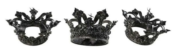 Üç boyutlu, beyaz bir arkaplanda izole edilmiş farklı açılardan koyu bir kraliyet tacının çizimi. 