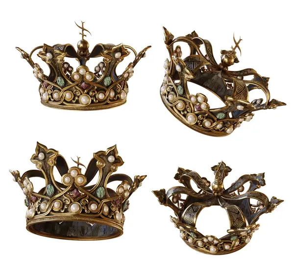 Beyaz arka planda izole edilmiş farklı açılardan kraliyet altın tacının üç boyutlu çizimi 