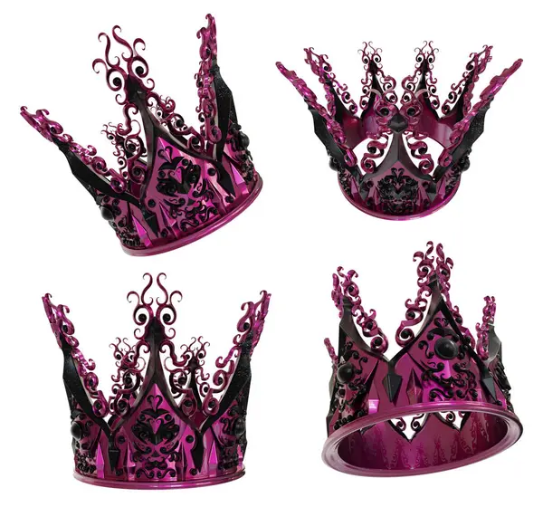 Üç boyutlu bir fantezi Viktorya dönemi tacının beyaz arka planda izole edilmiş farklı açıları var. 