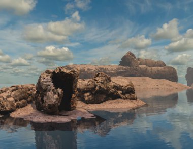Bulutlu bir gökyüzünün altında suyun içinde kayalık şekiller oluşturan 3 boyutlu fantezi manzarası. 