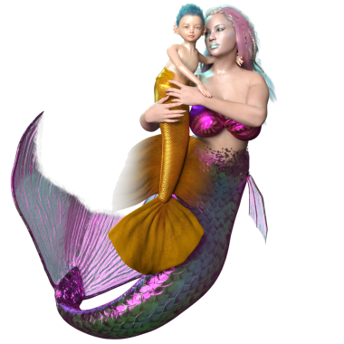 Denizkızı ve deniz kızının üç boyutlu bir çizimi..