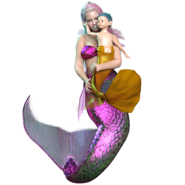 Denizkızı ve deniz kızının üç boyutlu bir çizimi..