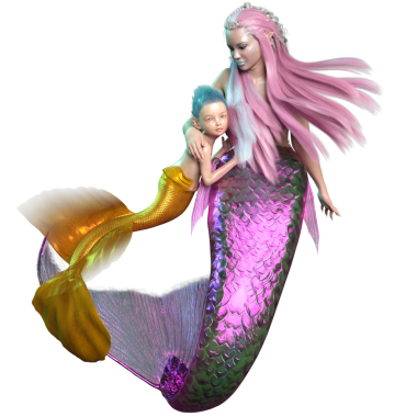 Denizkızı ve deniz kızının üç boyutlu bir çizimi..