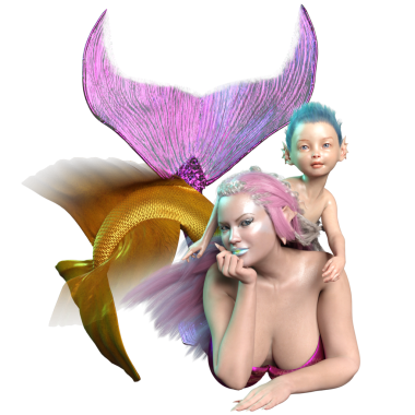  Denizkızı ve deniz kızının üç boyutlu bir çizimi..