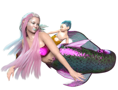  Denizkızı ve deniz kızının üç boyutlu bir çizimi..