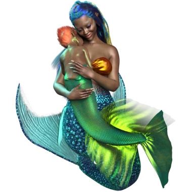 Denizkızı ve deniz kızının üç boyutlu bir çizimi.