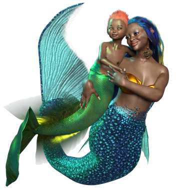 Denizkızı ve deniz kızının üç boyutlu bir çizimi.