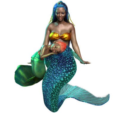 Denizkızı ve deniz kızının üç boyutlu bir çizimi.