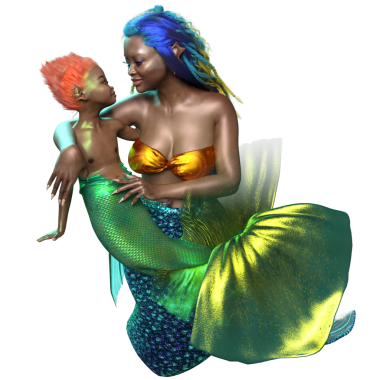 Denizkızı ve deniz kızının üç boyutlu bir çizimi.