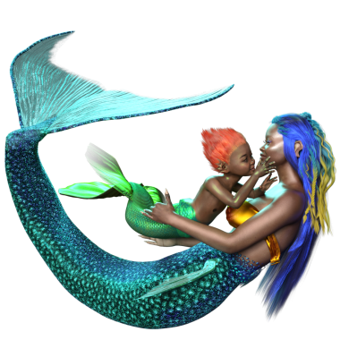 Denizkızı ve deniz kızının üç boyutlu bir çizimi.