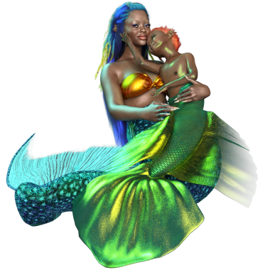 Denizkızı ve deniz kızının üç boyutlu bir çizimi.