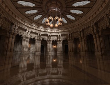 Tapınağın içinde görkemli sütunlarla yapılmış 3 boyutlu bir tasvir.