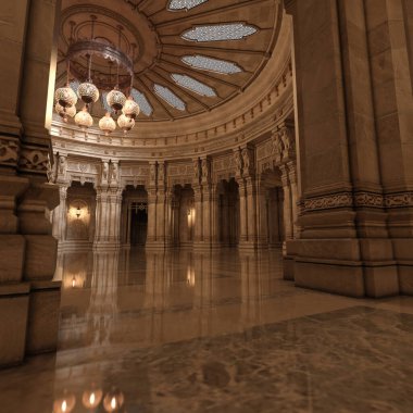 Tapınağın içinde görkemli sütunlarla yapılmış 3 boyutlu bir tasvir.