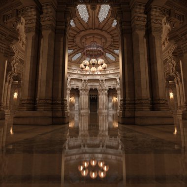 Tapınağın içinde görkemli sütunlarla yapılmış 3 boyutlu bir tasvir.