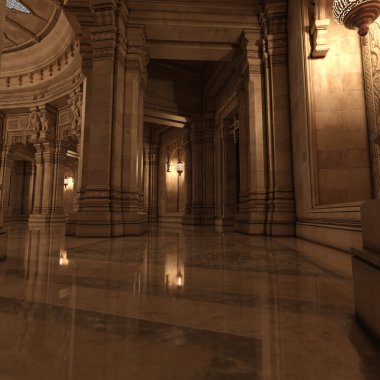 Tapınağın içinde görkemli sütunlarla yapılmış 3 boyutlu bir tasvir.