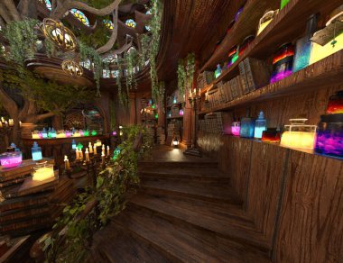 3D rendered image of the interior of a magical tree house like a wizard's hut filled with magical potions and books clipart