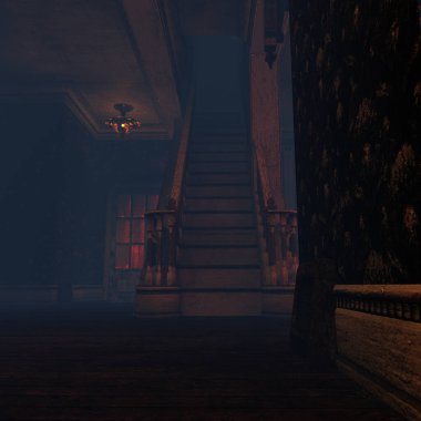 Terk edilmiş bir malikaneden 3 boyutlu ürkütücü bir iç mekan.