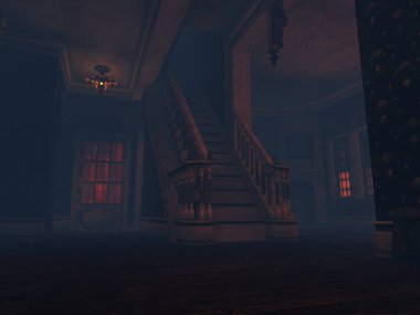 Terk edilmiş bir malikaneden 3 boyutlu ürkütücü bir iç mekan.