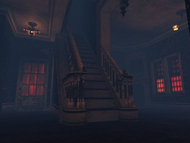 Terk edilmiş bir malikaneden 3 boyutlu ürkütücü bir iç mekan.