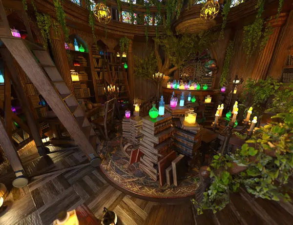 Büyücü kulübesi gibi sihirli bir ağaç evin içini sihirli iksir ve kitaplarla doldurmuş.