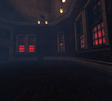 Terk edilmiş bir malikaneden 3 boyutlu ürkütücü bir iç mekan.