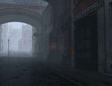 Eski Londra 'nın sisli bir ortamda 3 boyutlu fantezi arka planı 