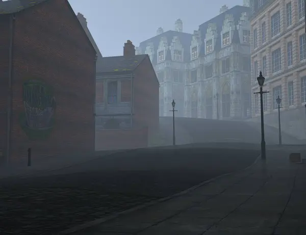 Eski Londra 'nın sisli bir ortamda 3 boyutlu fantezi arka planı 