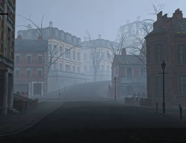 Eski Londra 'nın sisli bir ortamda 3 boyutlu fantezi arka planı 