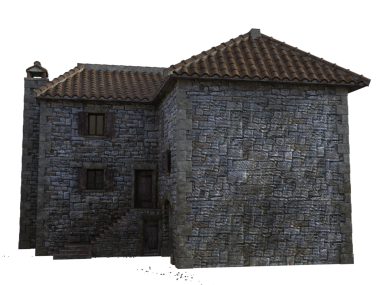 Saydam arka planda izole edilmiş 3D taşlaşmış eski bir köy evi