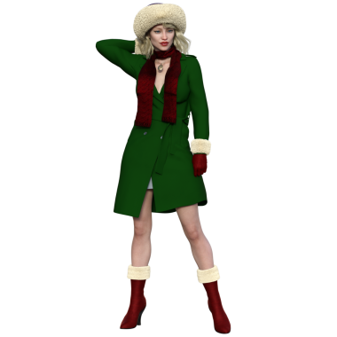 3 boyutlu, yeşil ceketli, kırmızı çizmeli, şeffaf arka planda güzel bir kadın.