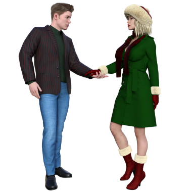 Şeffaf arka planda izole edilmiş kışlık giysiler içinde 3D rahat bir çift.