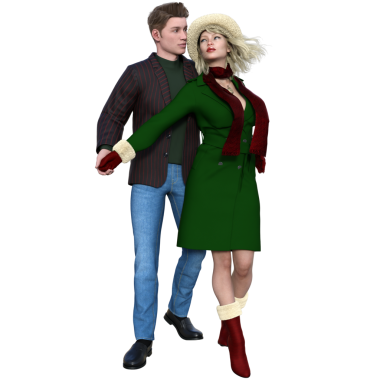 Şeffaf arka planda izole edilmiş kışlık giysiler içinde 3D rahat bir çift.