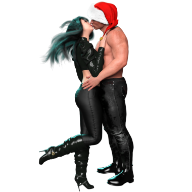 Üç boyutlu şehirli romantik çift deri elbiseli ve Noel Baba şapkalı adam şeffaf arka planda izole edilmiş.